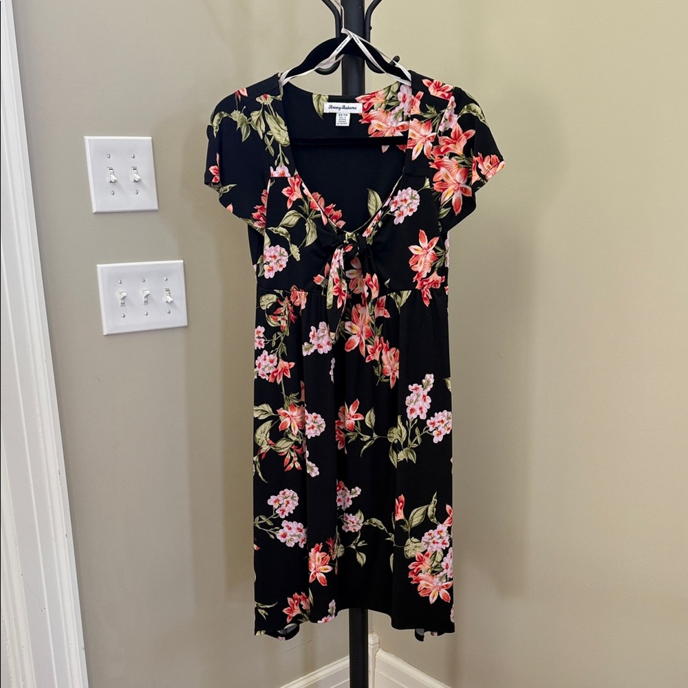 Tommy Bahama Petal of Honor Tie Front Black Dress with Floral Accents